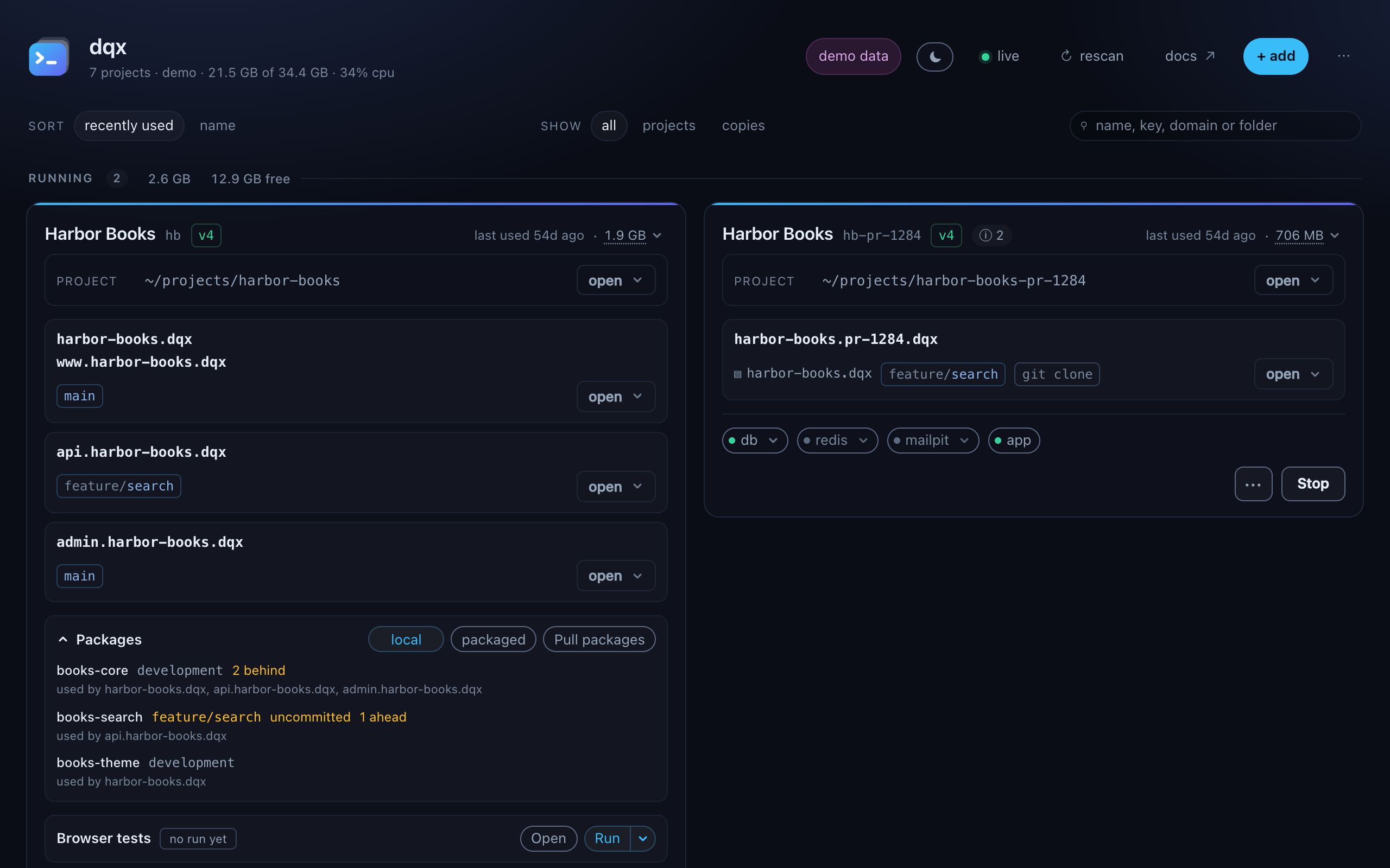 The dqx dashboard in demo mode: seven projects, the two running ones on top with their sites, branches, databases, services and a pull request count