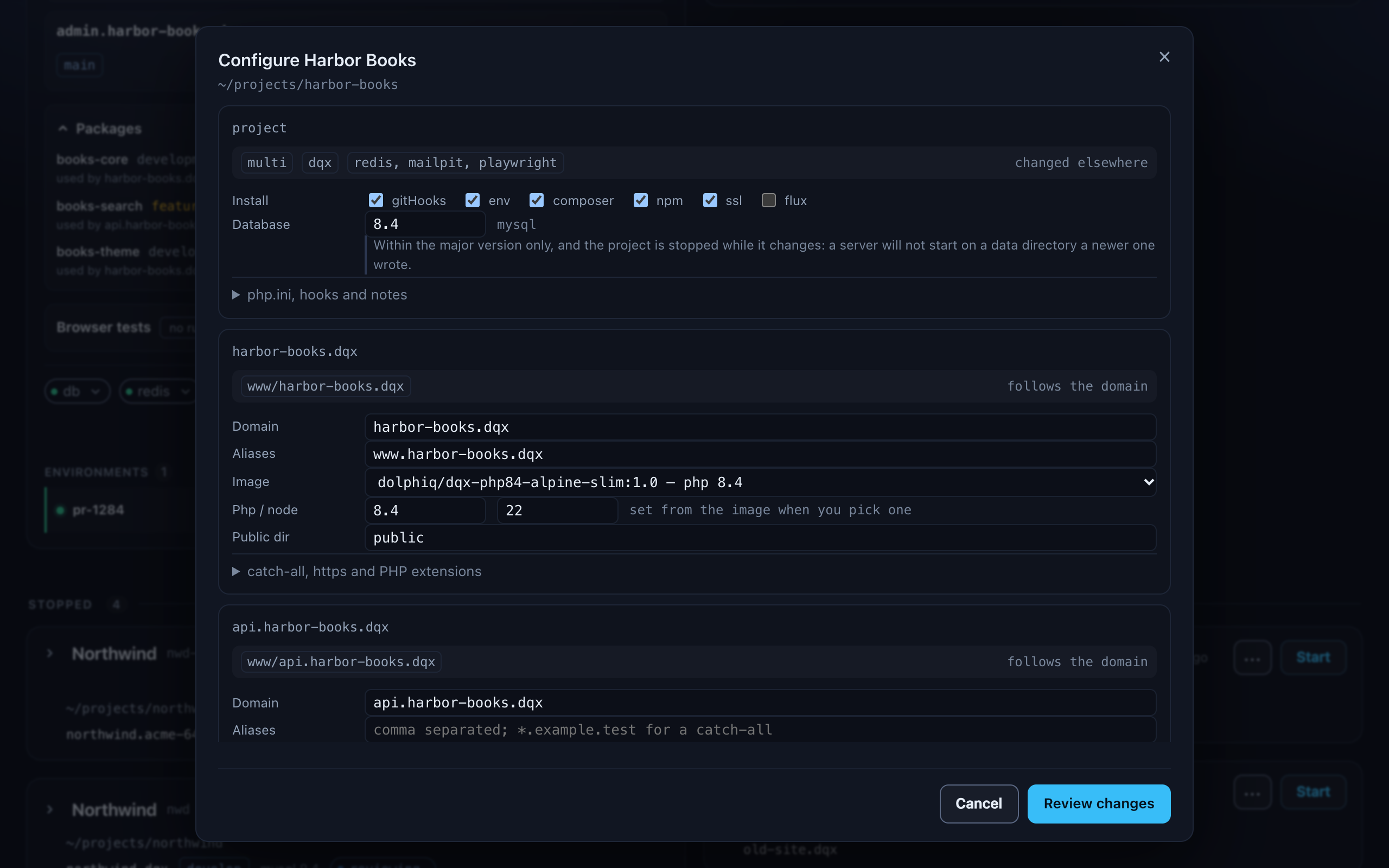 The configure screen for a project, with a project block and a repeating block per site