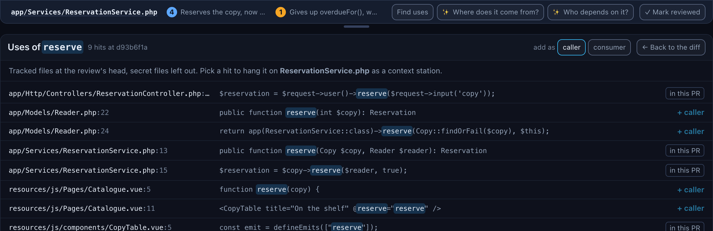 Uses of reserve, 9 hits at d93b6f1a: a list of file paths with line numbers and the line of code, the word reserve highlighted in each, in this PR on the hits in changed files and + caller on the others, with add as caller or consumer at the top