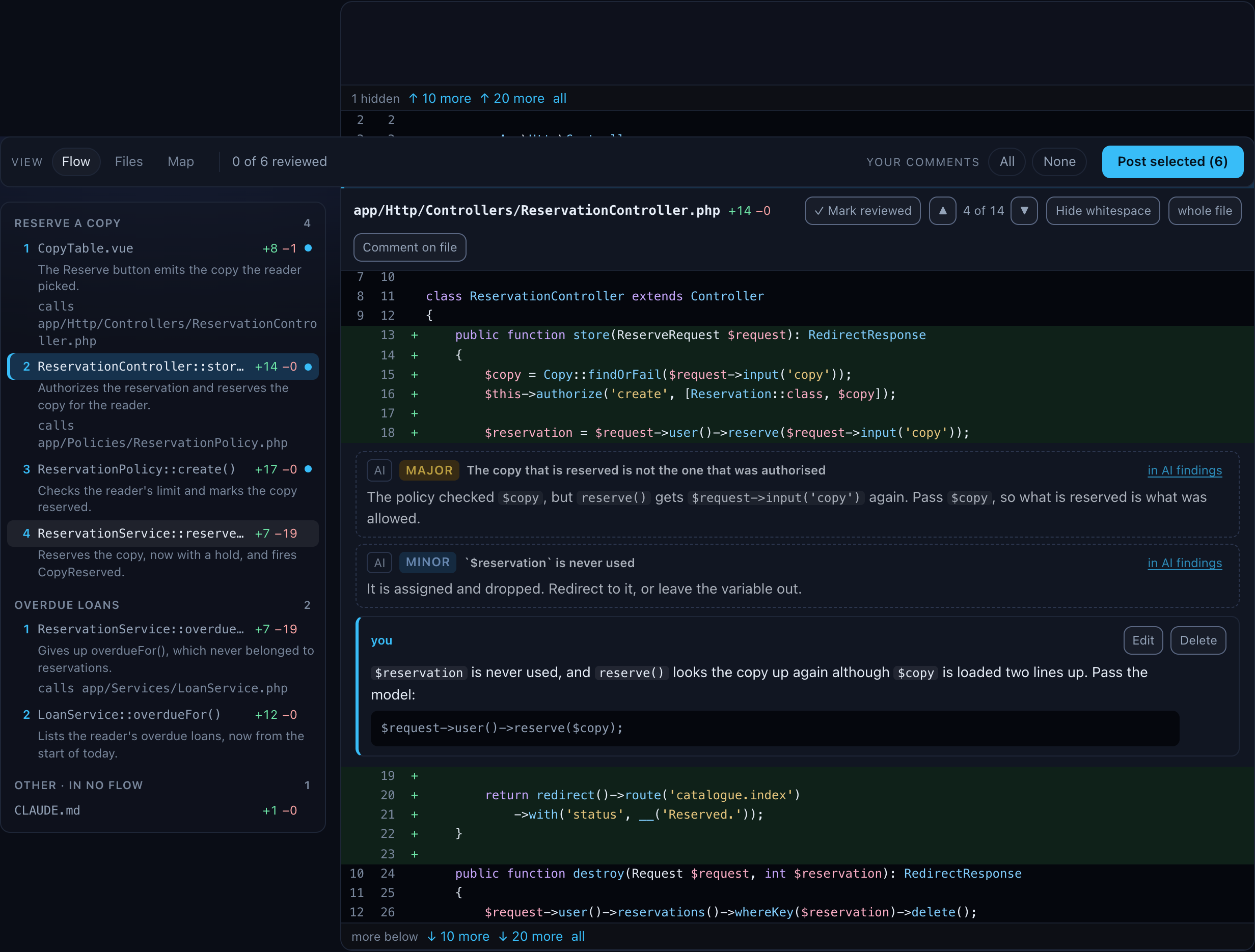 The Human review tab of pull request 214: on the left the flow Reserve a copy with its numbered steps and the layers below it, on the right ReservationController.php with its added lines, two dimmed AI findings and your own comment under line 18