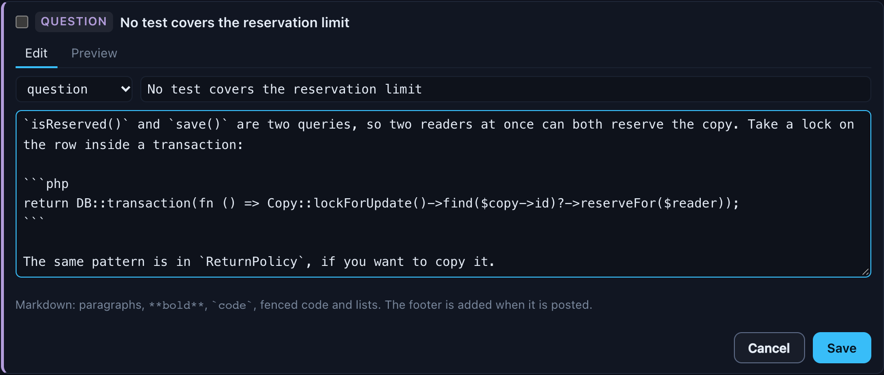A finding being edited: a severity dropdown, the title, the Markdown body with a code block, and Cancel and Save