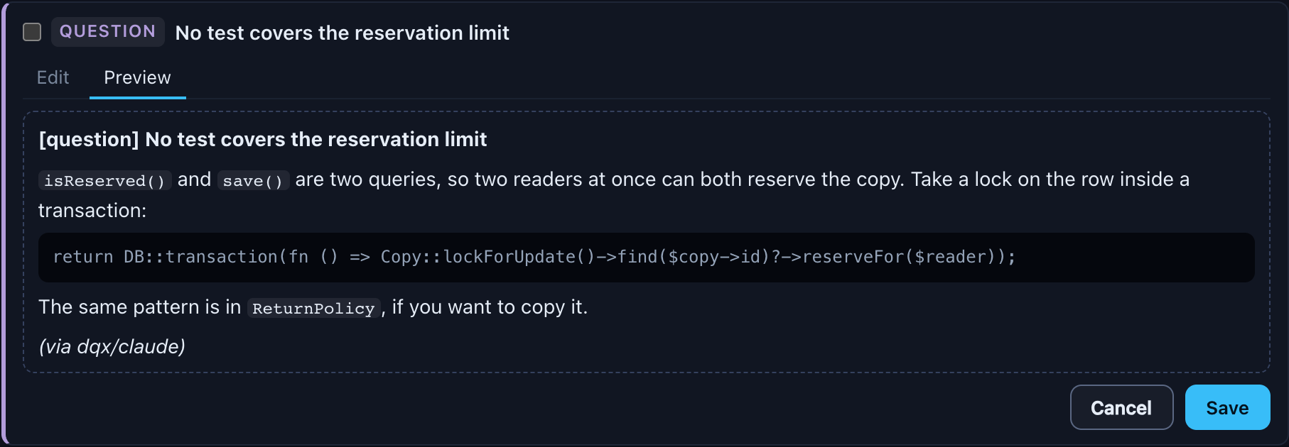 The preview of the edited finding, rendered as the comment will look: the severity and title in bold, the text, a code block and the footer