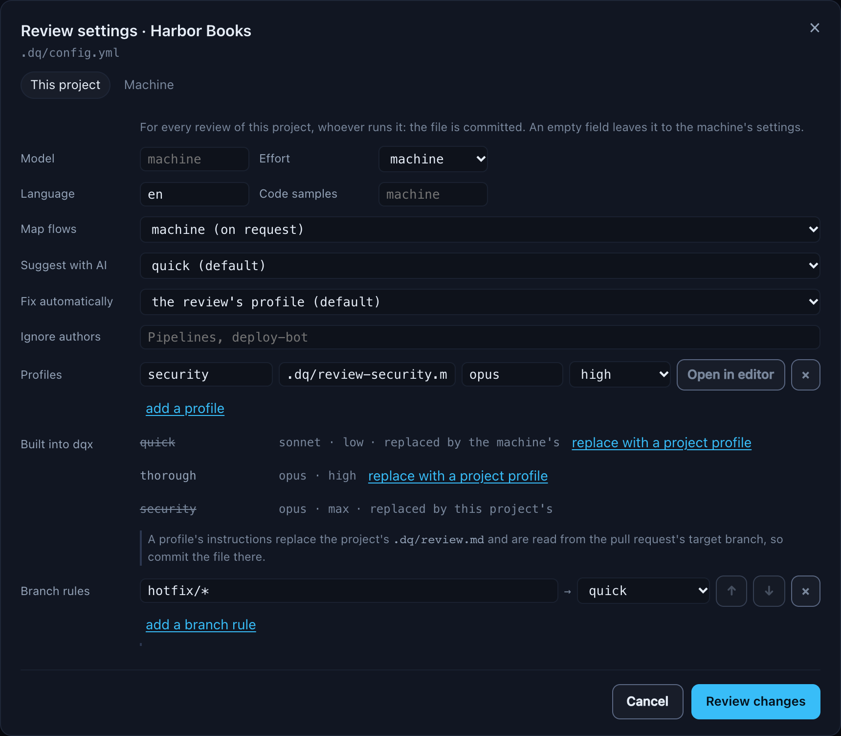 The This project tab of Review settings: defaults with language en, a security profile with its instructions file, opus, high and Open in editor, the built-in profiles with quick and security struck through as replaced, replace with a project profile links, and a branch rule hotfix/* to quick