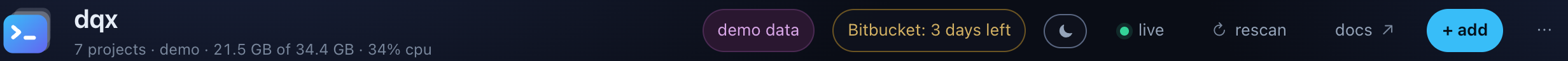 The dashboard header with a Bitbucket: 3 days left chip between the demo data pill and the theme toggle